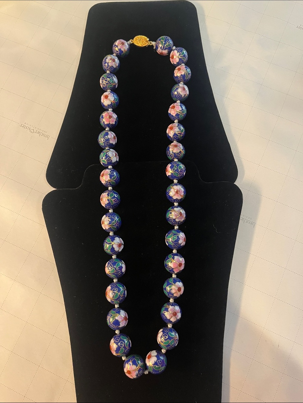 Floral Cloisonné Bead Necklace in cobalt Navy and Pink gold wire accent
